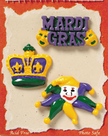 S1074-6 - Mardi Gras - Flat Backed Resin Scrapbook Embellishment Set (6 cards per package)