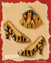 S1118-6 - Tiger Purse Shoes - Flat Backed Resin Scrapbook Embellishment Set (6 cards per package)
