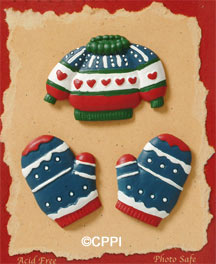 S1125-6 - Sweater & Mittens - Matte - Flat Backed Resin Scrapbook Embellishment Set (6 cards per package)