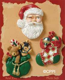 S1129-6 - Santa Face , Bag , Stocking - Matte - Flat Backed Resin Scrapbook Embellishment Set (6 cards per package)