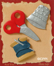 S1134-6 - Thimble , Thread , Scissors - Matte - Flat Backed Resin Scrapbook Embellishment Set (6 cards per package)