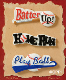 S1137-6 - Batter - Up - Words - Flat Backed Resin Scrapbook Embellishment Set (6 cards per package)