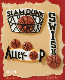 S1140-6 - Slam Dunk Words - Flat Backed Resin Scrapbook Embellishment Set (6 cards per package)