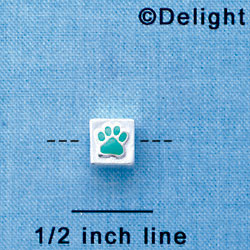 B1090 tlf - 6mm Cube with Teal Enamel Paw - Silver Plated Beads