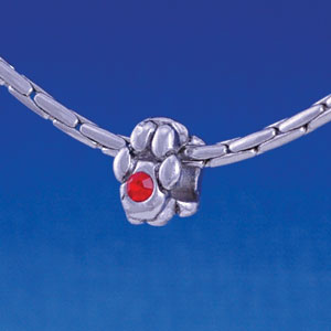 B1104 tlf - Mini Silver Paw with Red Swarovski Crystal - Im. Rhodium Large Hole Beads