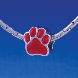 B1107 tlf - Large Red Paw - 2 Sided - Im. Rhodium Large Hole Beads