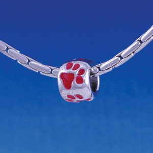 B1118 tlf - Silver Bead with Red Paw Prints - Im. Rhodium Large Hole Beads