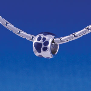 B1119 tlf - Silver Bead with Navy Blue Paw Prints - Im. Rhodium Large Hole Beads