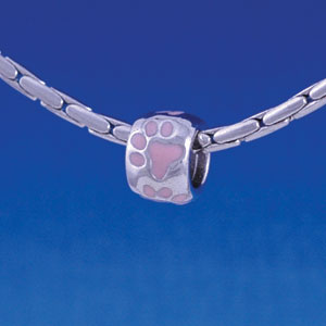 B1120 tlf - Silver Bead with Pink Paw Prints - Im. Rhodium Large Hole Beads