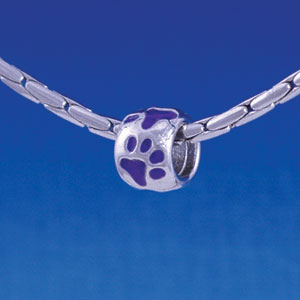 B1121 tlf - Silver Bead with Purple Paw Prints - Im. Rhodium Large Hole Beads