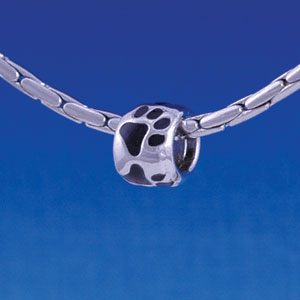 B1122 tlf - Silver Bead with Black Paw Prints - Im. Rhodium Large Hole Beads