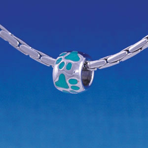 B1123 tlf - Silver Bead with Teal Paw Prints - Im. Rhodium Large Hole Beads