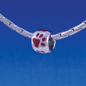 B1125 tlf - Silver Bead with Maroon Paw Prints - Im. Rhodium Large Hole Beads