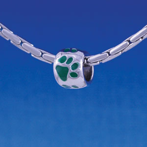 B1126 tlf - Silver Bead with Green Paw Prints - Im. Rhodium Large Hole Beads