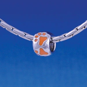 B1127 tlf - Silver Bead with Orange Paw Prints - Im. Rhodium Large Hole Beads