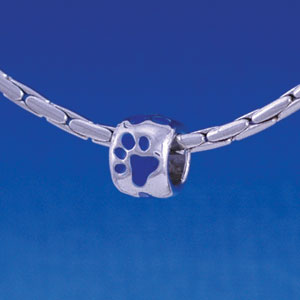 B1128 tlf - Silver Bead with Royal Blue Paw Prints - Im. Rhodium Large Hole Beads