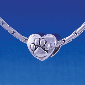 B1129 tlf - Large Silver Paw - 2 Sided - Im. Rhodium Large Hole Beads