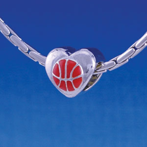 B1139 tlf - Enamel Basketball in Heart - 2 Sided - Im. Rhodium Large Hole Beads