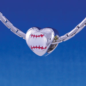 B1140 tlf - Enamel Baseball in Heart - 2 Sided - Im. Rhodium Large Hole Beads