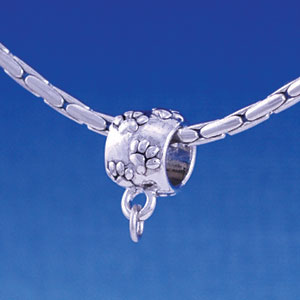 B1150 tlf - Silver Paw Print Barrel Bail with Loop - Im. Rhodium Large Hole Beads