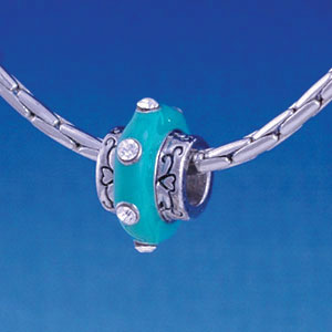 B1170 tlf - Large Spacer - Teal Center with Clear Swarovski Crystals - Im. Rhodium Large Hole Beads