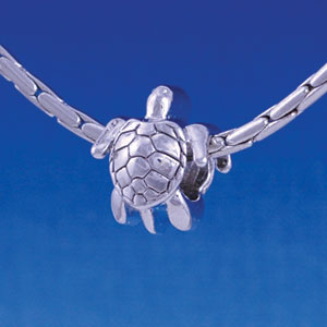B1208 tlf - Silver 2-D Sea Turtle - Im. Rhodium Large Hole Bead