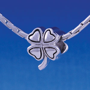 B1209 tlf - Silver 2-D Four Leaf Clover - Im. Rhodium Large Hole Bead