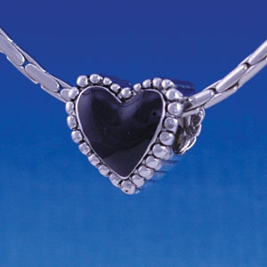 B1212 tlf - Black Heart with Beaded Border - 2-D - Im. Rhodium Large Hole Bead