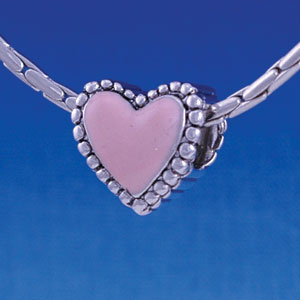 B1213 tlf - Pink Heart with Beaded Border - 2-D - Im. Rhodium Large Hole Bead