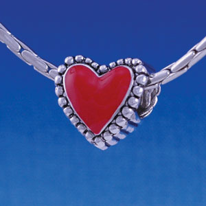 B1214 tlf - Red Heart with Beaded Border - 2-D - Im. Rhodium Large Hole Bead