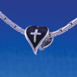 B1215 tlf - Black Heart with Silver Cross - 2-D - Im. Rhodium Large Hole Bead