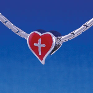 B1216 tlf - Red Heart with Silver Cross - 2-D - Im. Rhodium Large Hole Bead