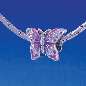 B1217 tlf - 2-D Hot Pink and Purple Butterfly - Im. Rhodium Large Hole Bead