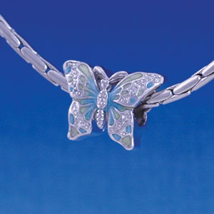 B1218 tlf - 2-D Lime Green & Blue Butterfly - Im. Rhodium Large Hole Bead