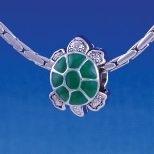 B1219 tlf - Green Enamel 2-D Turtle - Im. Rhodium Large Hole Bead