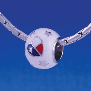 B1256 tlf - Red, White and Blue Texas Heart on White - Im. Rhodium Large Hole Beads