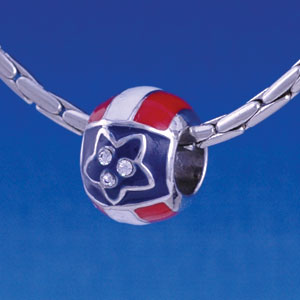 B1257 tlf - Patriotic - Blue Star with Swarovski Crystals, White and Red Bands - Im. Rhodium Large Hole Beads