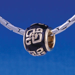 B1285 tlf - Chinese Pattern on Black - Gold Plated Large Hole Beads