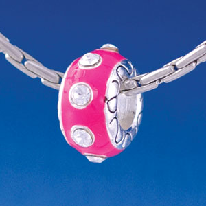 B1318 tlf - Large Spacer - Hot Pink with Swarovski Crystals - Silver Plated Large Hole Bead