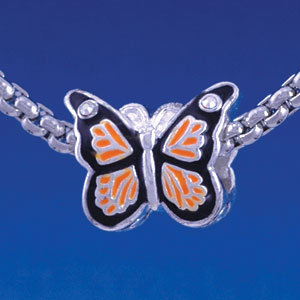 B1319 tlf - Orange Monarch Butterfly with Swarovski Crystals - Silver Plated Large Hole Bead