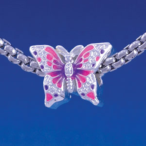 B1320 tlf - Hot Pink & Purple Butterfly - Silver Plated Large Hole Bead