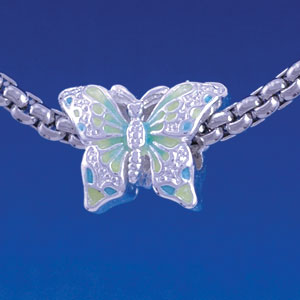 B1321 tlf - Lime Gree & Blue Butterfly - Silver Plated Large Hole Bead