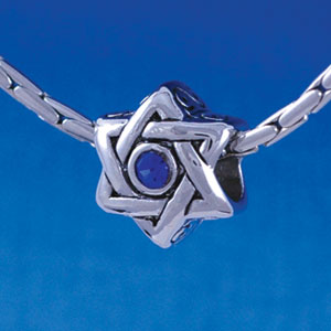 B1325 tlf - Star of David with Blue Swarovski Crystal - Im. Rhodium Plated Large Hole Bead