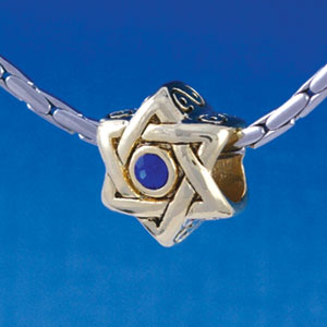 B1326 tlf - Star of David with Blue Swarovski Crystal - Gold Plated Large Hole Bead