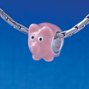 B1332 tlf - Enamel Pink Pig - Silver Plated Large Hole Bead