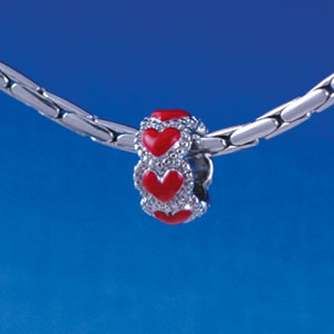 B1343 tlf - Mini Beaded Red Hearts Spacer - Im. Rhodium Plated Large Hole Bead
