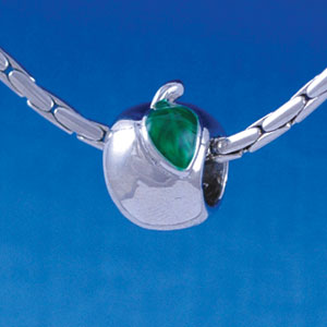 B1350 tlf - Silver Apple with Green Leaf - Im. Rhodium Plated Large Hole Bead