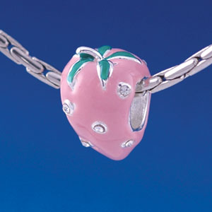 B1353 tlf - Pink Enamel Strawberry with Swarovski Crystal - Silver Plated Large Hole Bead