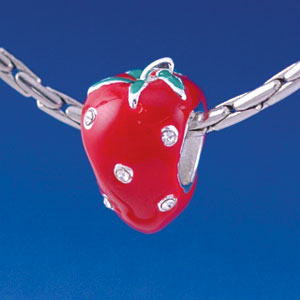 B1354 tlf - Red Enamel Strawberry with Swarovski Crystal - Im. Rhodium Plated Large Hole Bead