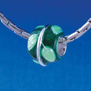 B1356 tlf - Lime Leaves on Green Band - Silver Plated Large Hole Bead